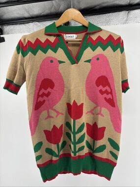 Oxknit Green Animal Floral Vneck Polo Sweater Sz L NWT